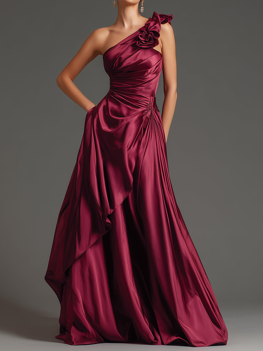 Burgundy One-Shoulder Floral Draped Couture Evening Dress