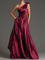 Burgundy One-Shoulder Floral Draped Couture Evening Dress
