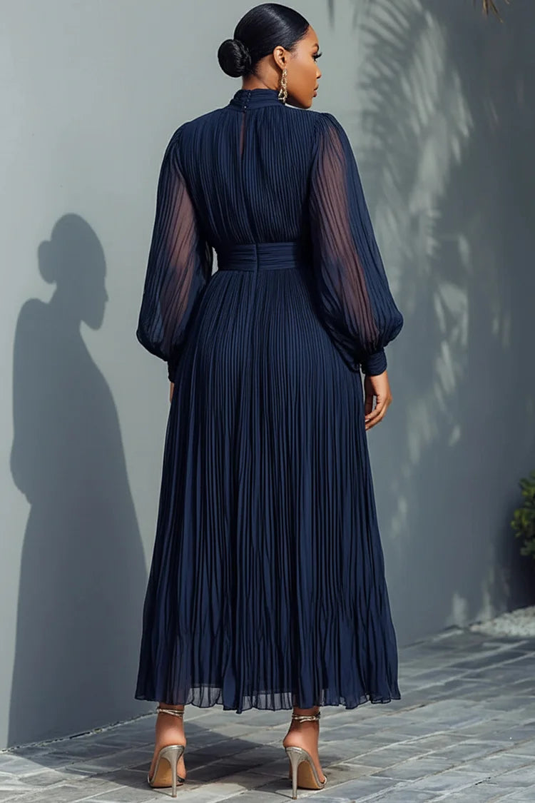 Plus Size Churchs Navy Blue Mock Neck Lantern Sleeve Long Sleeve See Through Elegant Ruffled Midi Dresses