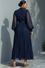 Plus Size Churchs Navy Blue Mock Neck Lantern Sleeve Long Sleeve See Through Elegant Ruffled Midi Dresses
