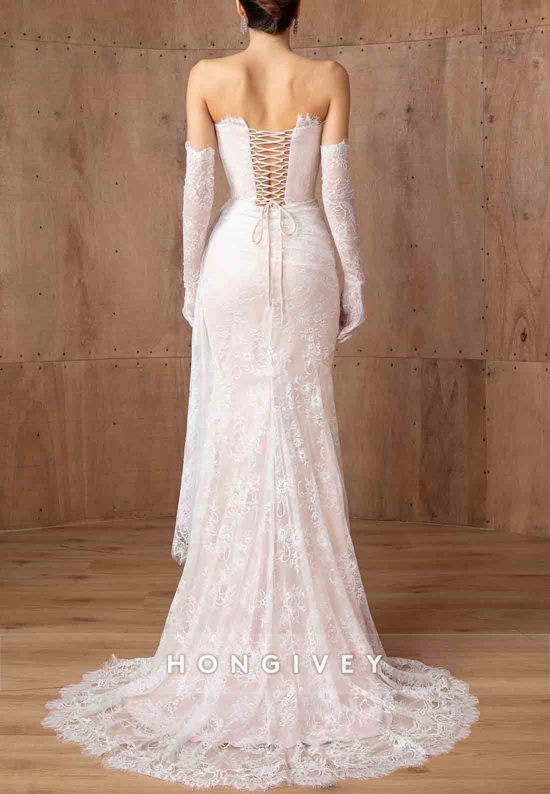 Strapless Side Draping Lace Pleated Crisscross Back Trumpet Wedding Dresses