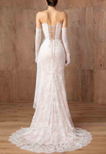 Strapless Side Draping Lace Pleated Crisscross Back Trumpet Wedding Dresses