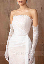 Strapless Side Draping Lace Pleated Crisscross Back Trumpet Wedding Dresses