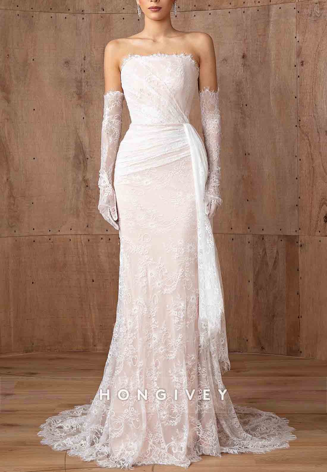 Strapless Side Draping Lace Pleated Crisscross Back Trumpet Wedding Dresses