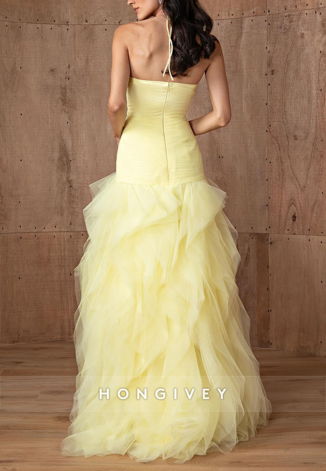 Sleeveless Yellow Ruched Floor-Length Low Back A-Line Evening Gowns