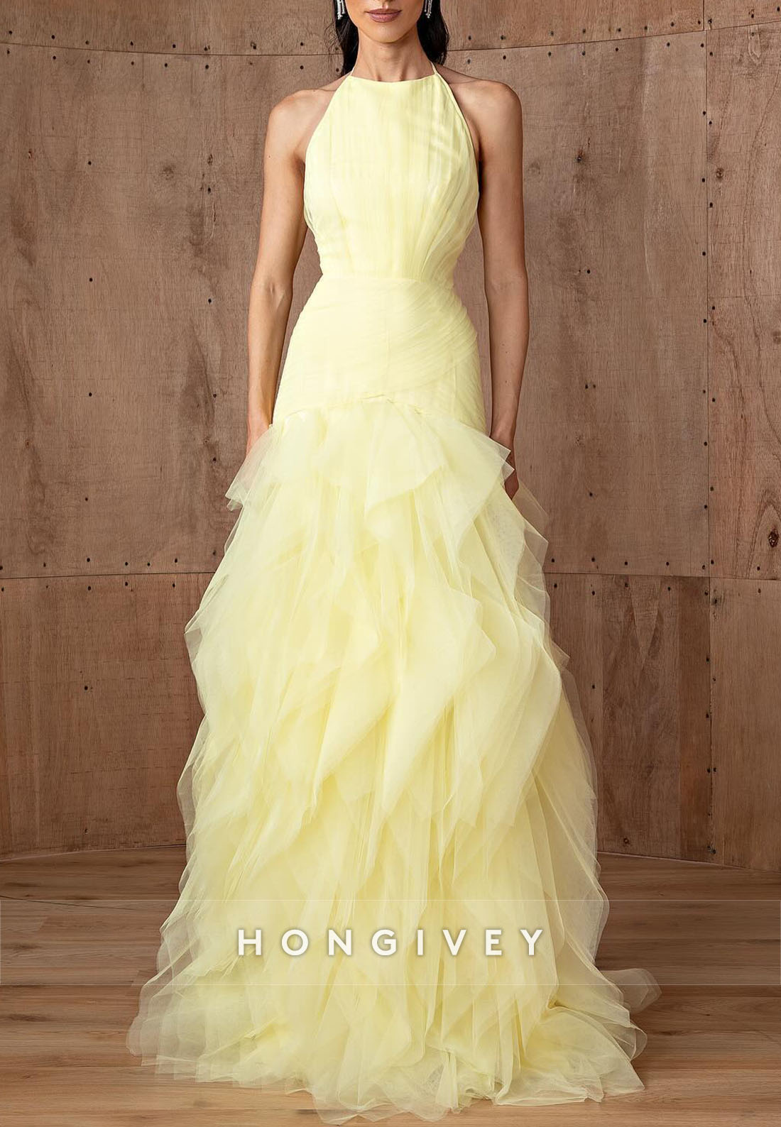 Sleeveless Yellow Ruched Floor-Length Low Back A-Line Evening Gowns