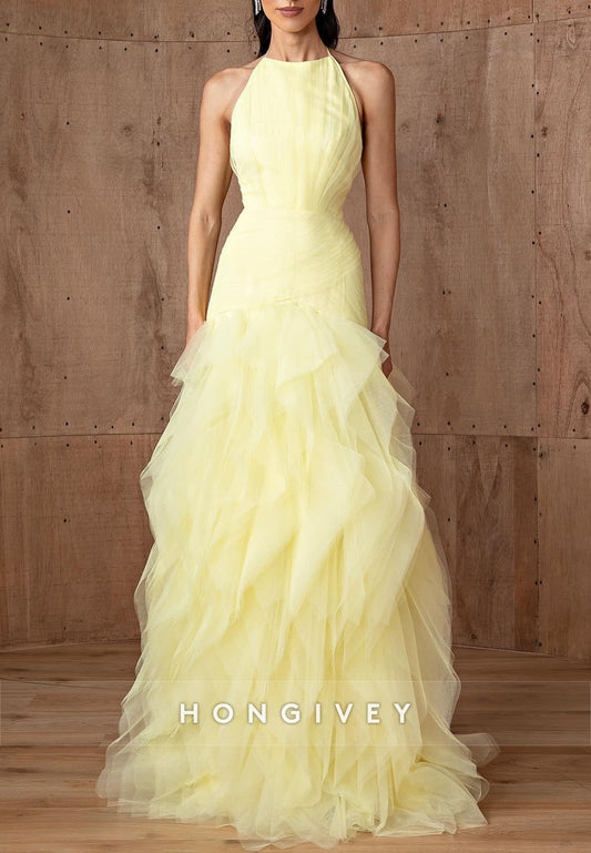 Sleeveless Yellow Ruched Floor-Length Low Back A-Line Evening Gowns