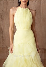 Sleeveless Yellow Ruched Floor-Length Low Back A-Line Evening Gowns