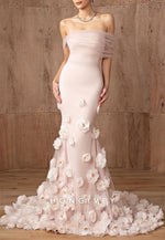 Blush Off the Shoulder Floor-Length Mermaid Evening Gowns with 3D Flowers