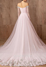 Off the Shoulder Long Sleeves Light Pink Trumpet Evening Gowns with Tulle trailing