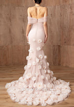 Blush Off the Shoulder Floor-Length Mermaid Evening Gowns with 3D Flowers