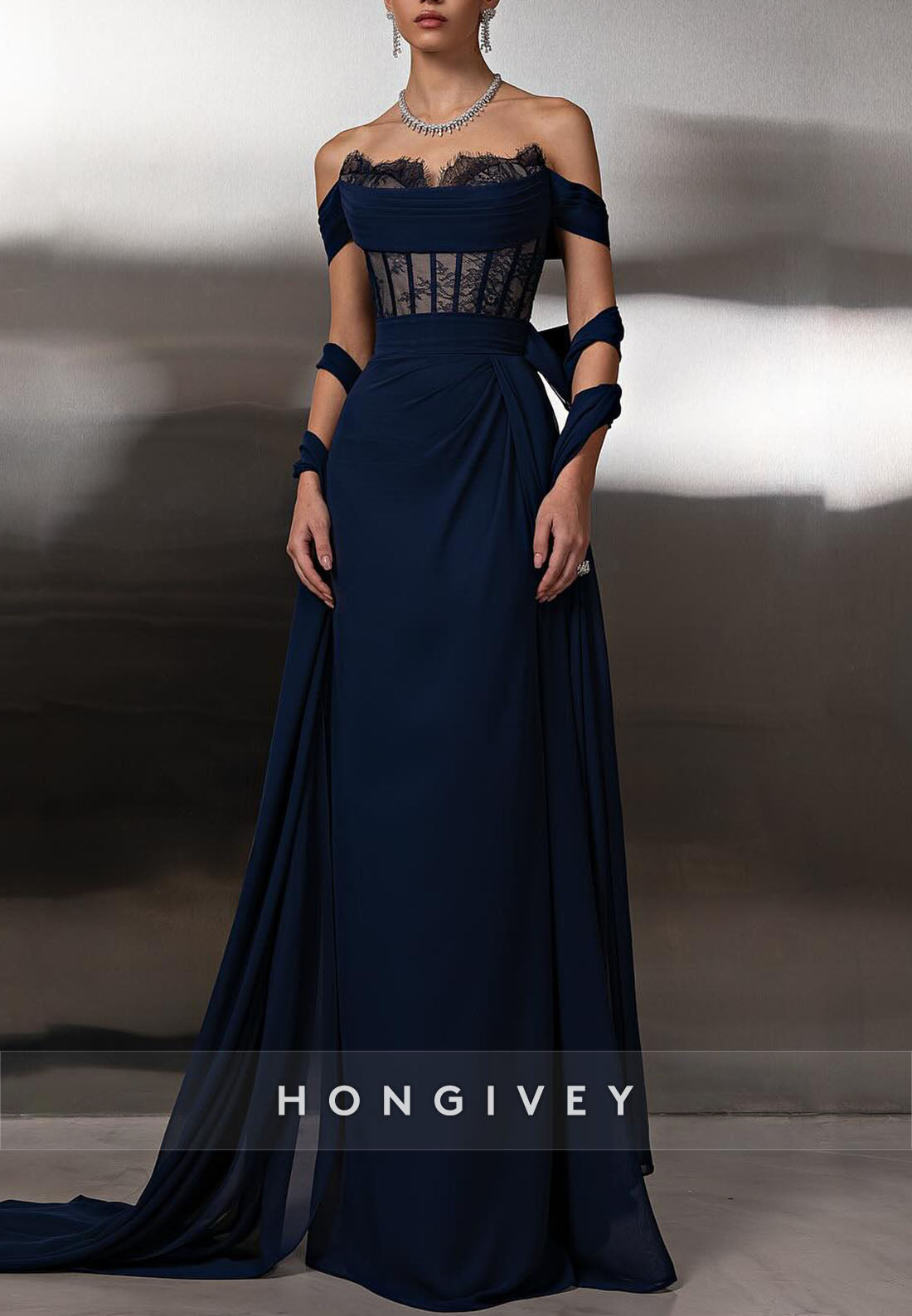 Off the Shoulder Navy Blue Column Lace Floor-Length Evening Gowns
