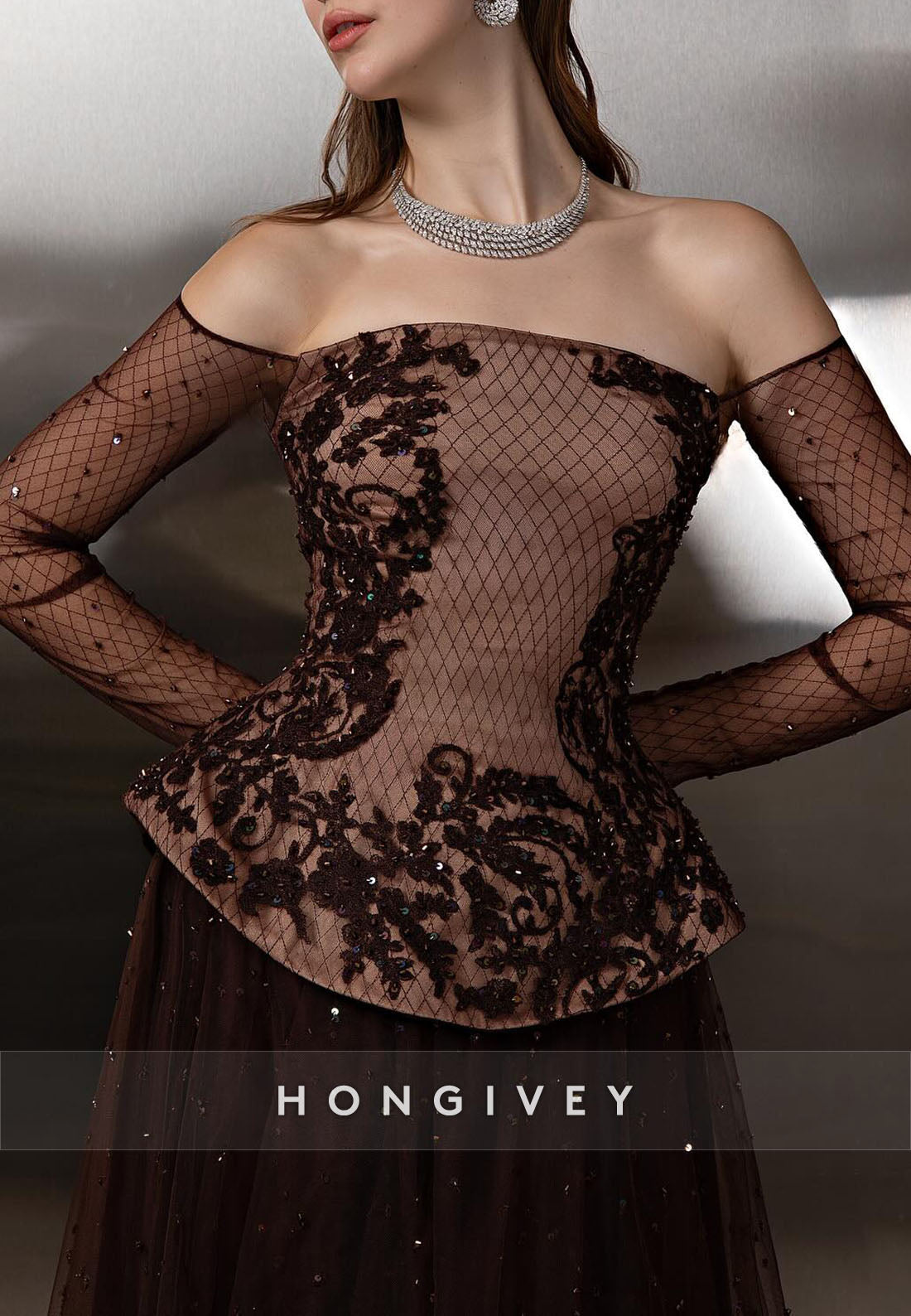Brown Off the Shoulder Long Sleeves A-Line Evening Gowns with Appliques