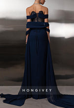 Off the Shoulder Navy Blue Column Lace Floor-Length Evening Gowns