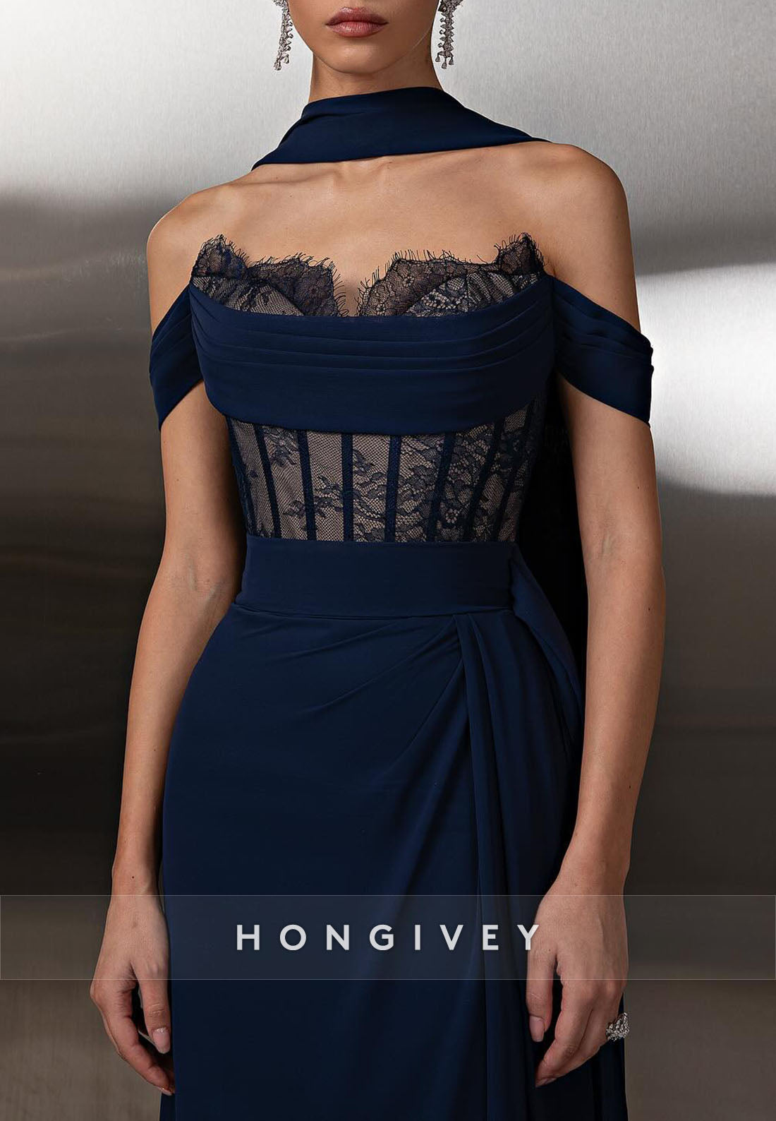 Off the Shoulder Navy Blue Column Lace Floor-Length Evening Gowns