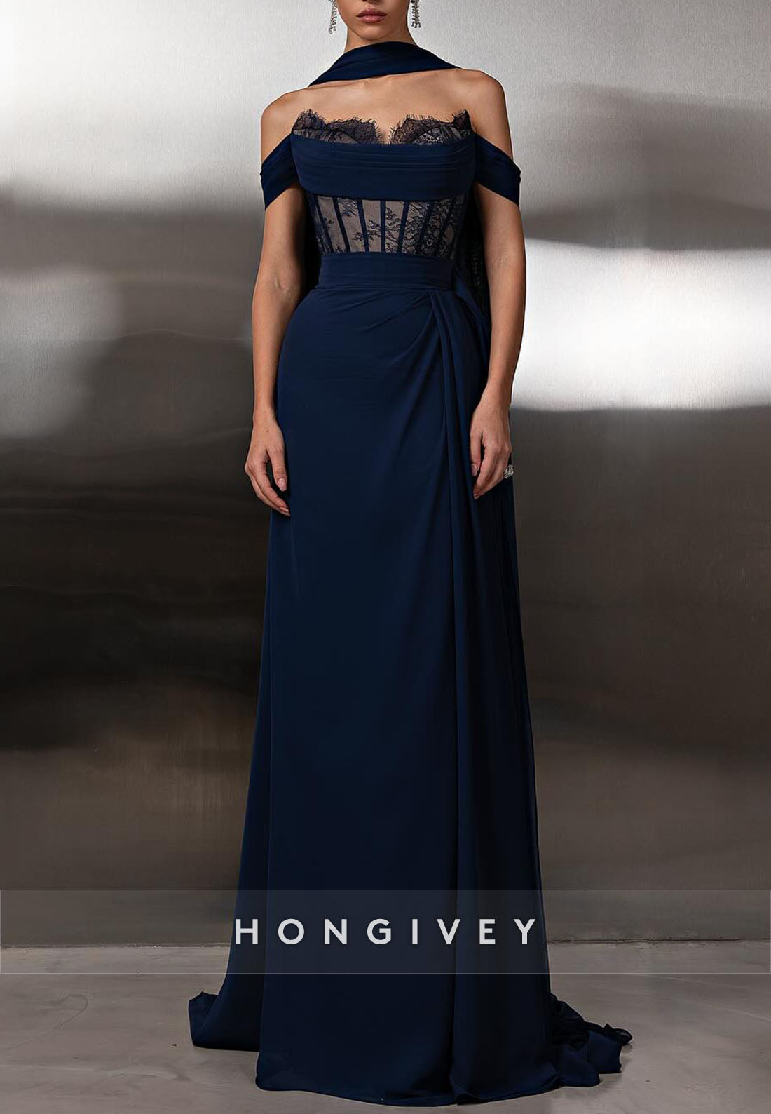 Off the Shoulder Navy Blue Column Lace Floor-Length Evening Gowns