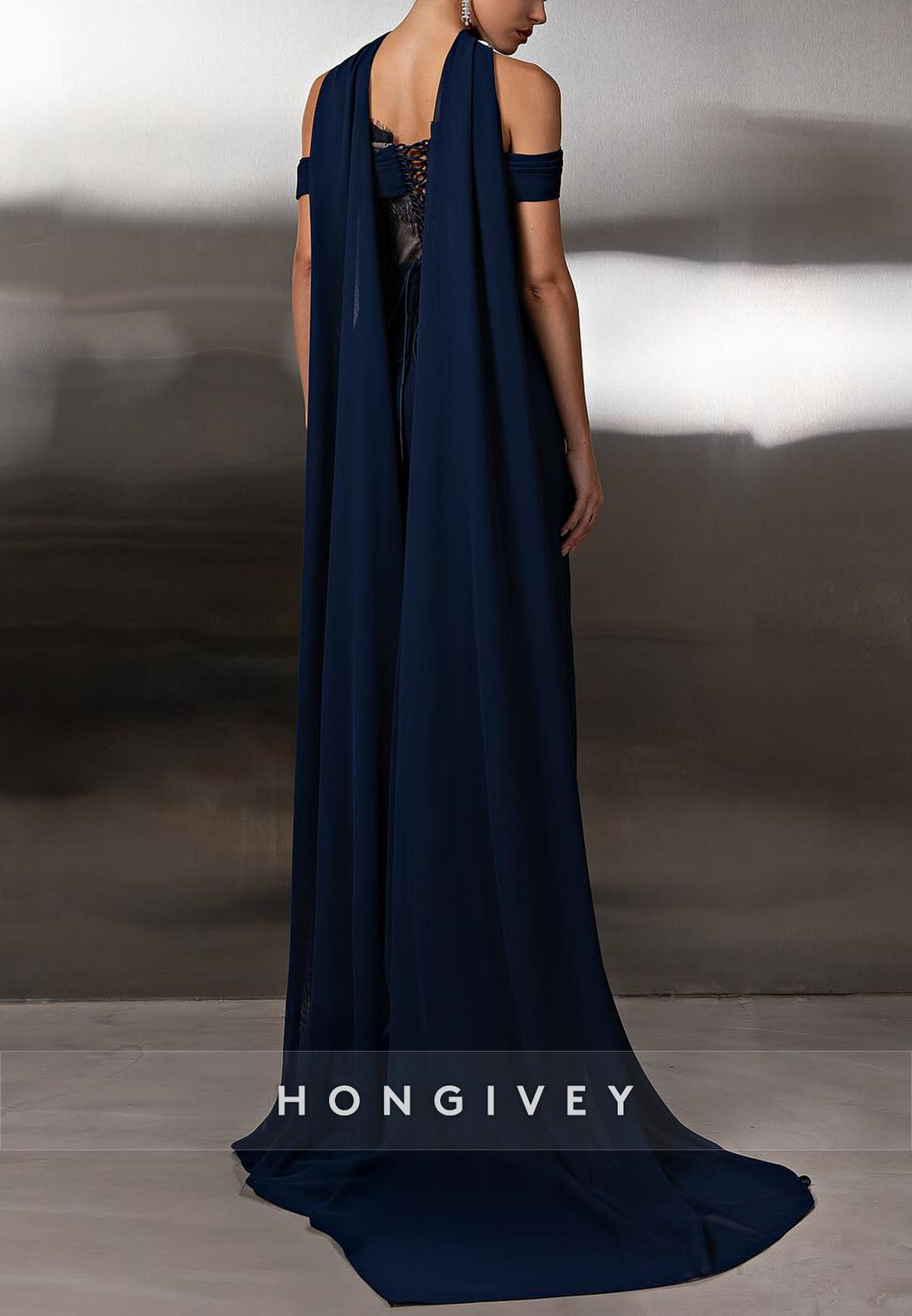 Off the Shoulder Navy Blue Column Lace Floor-Length Evening Gowns