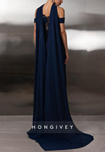 Off the Shoulder Navy Blue Column Lace Floor-Length Evening Gowns