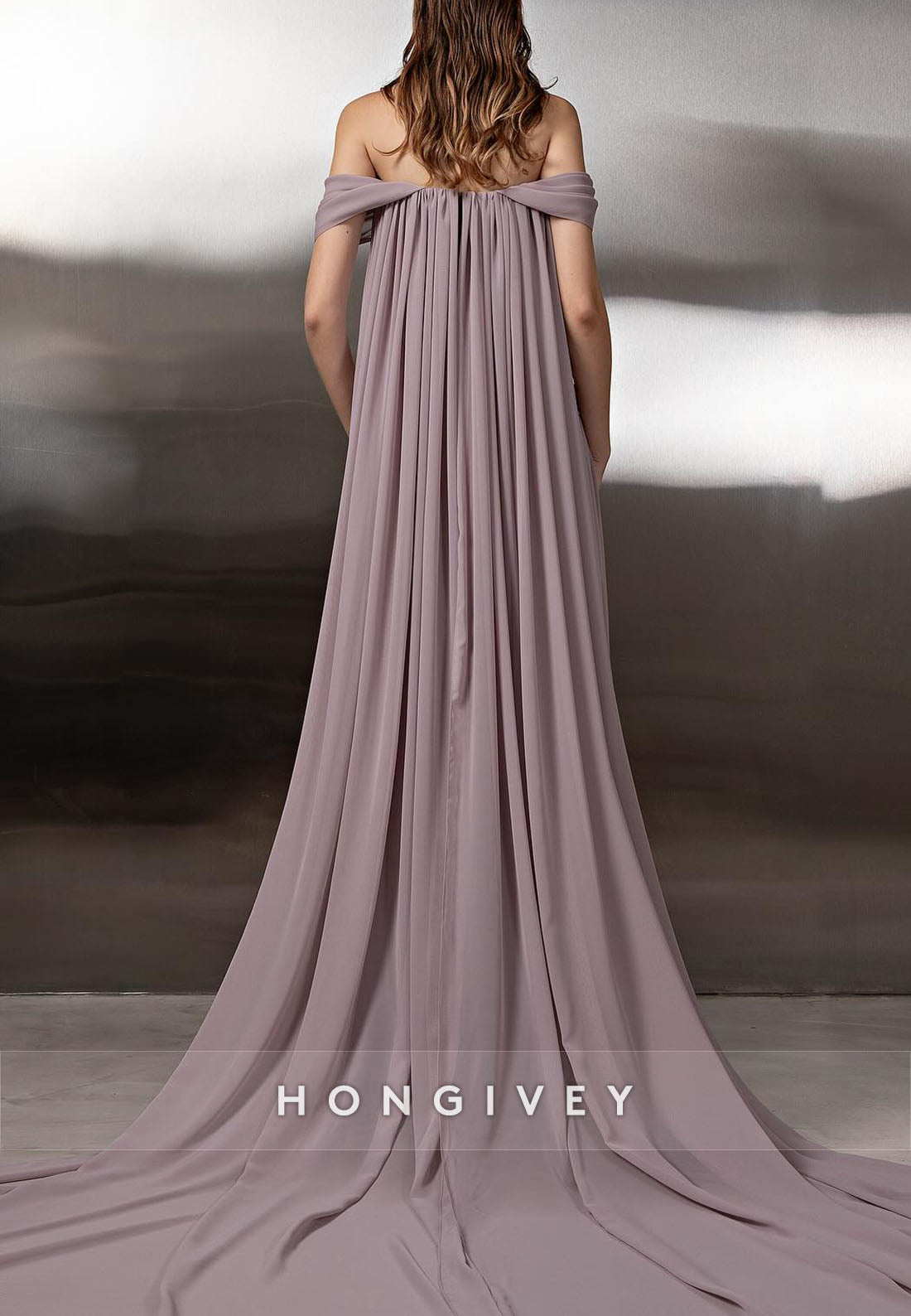 Off the Shoulder A-Line Floor-Length Chiffon Evening Gowns with Cape