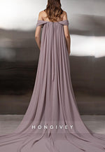 Off the Shoulder A-Line Floor-Length Chiffon Evening Gowns with Cape