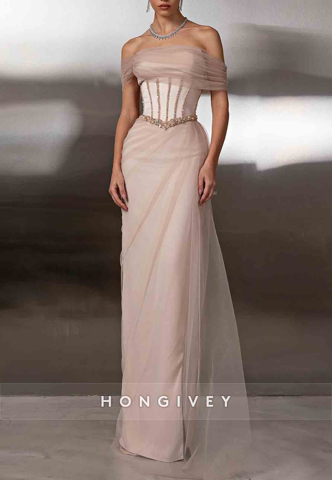 Tulle Off the Shoulder Tie Back Floor-Length Sheath Evening Gown