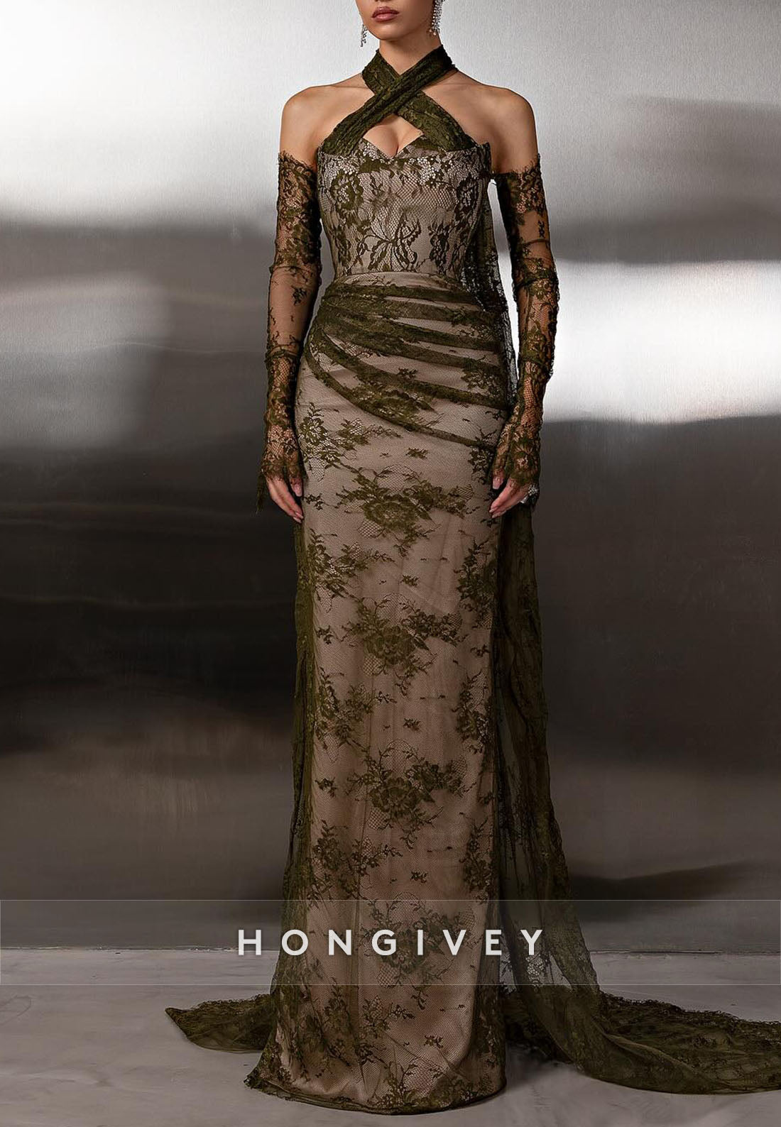 Olive Lace Halter Neck Long Sleeves Floor-Length Sheath Evening Gowns