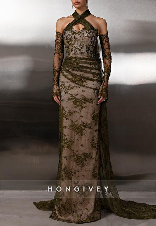Olive Lace Halter Neck Long Sleeves Floor-Length Sheath Evening Gowns