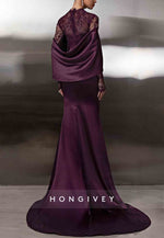 Lace Long Sleeves Mermaid Shawl Elastic Satin Raspberry High Neck Evening Gown