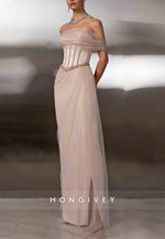 Tulle Off the Shoulder Tie Back Floor-Length Sheath Evening Gown