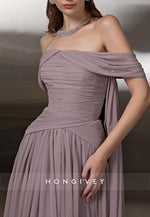 Off the Shoulder A-Line Floor-Length Chiffon Evening Gowns with Cape