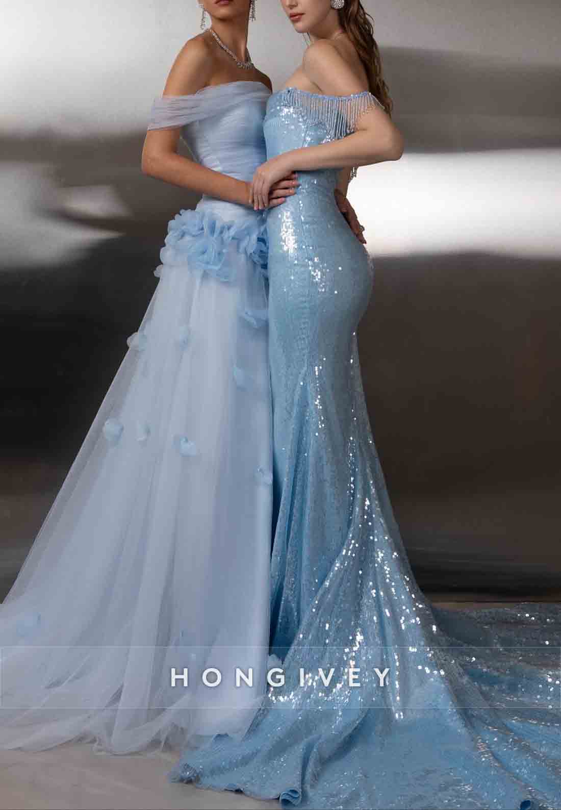 Elegant Sky Blue Side Draping Off the Shoulder Floor-Length Mermaid Glitter Evening Gowns
