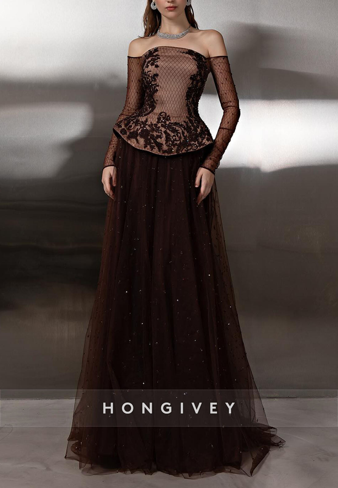 Brown Off the Shoulder Long Sleeves A-Line Evening Gowns with Appliques