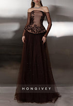 Brown Off the Shoulder Long Sleeves A-Line Evening Gowns with Appliques