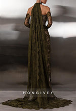 Olive Lace Halter Neck Long Sleeves Floor-Length Sheath Evening Gowns