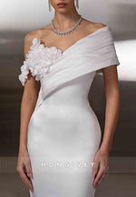 One Shoulder Side Draping Satin Trumpet Wedding Dresses with Flowers