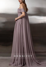 Off the Shoulder A-Line Floor-Length Chiffon Evening Gowns with Cape
