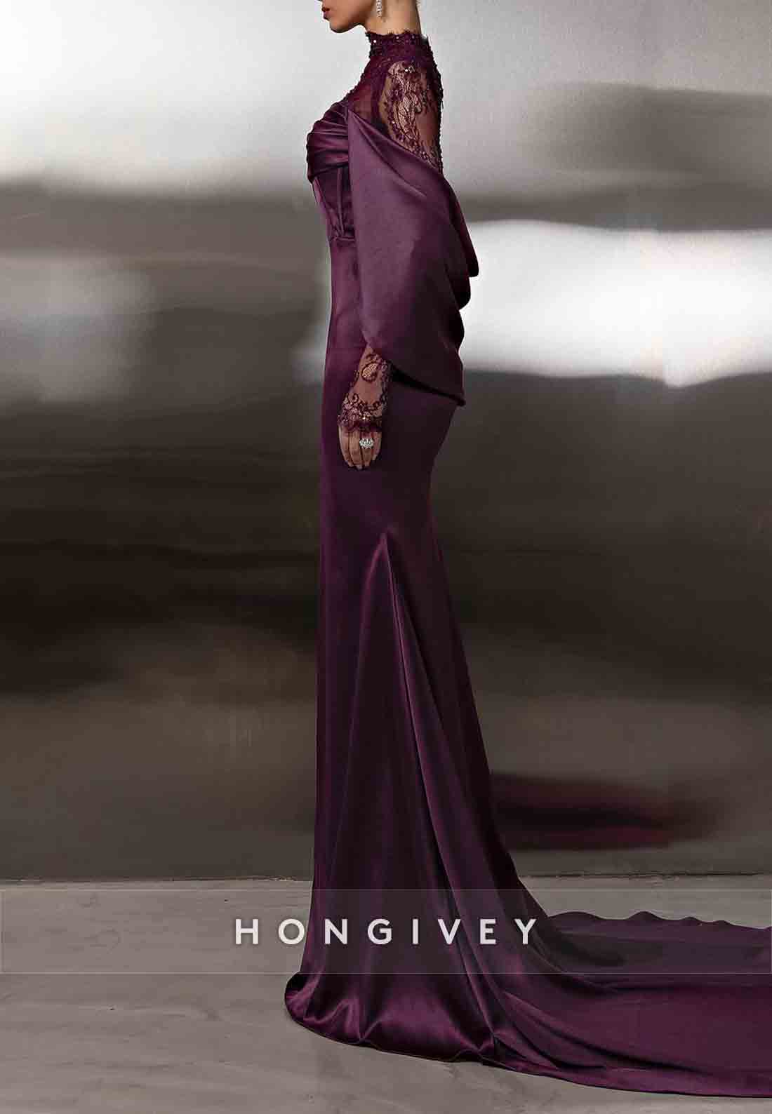 Lace Long Sleeves Mermaid Shawl Elastic Satin Raspberry High Neck Evening Gown