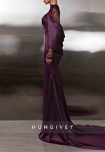 Lace Long Sleeves Mermaid Shawl Elastic Satin Raspberry High Neck Evening Gown