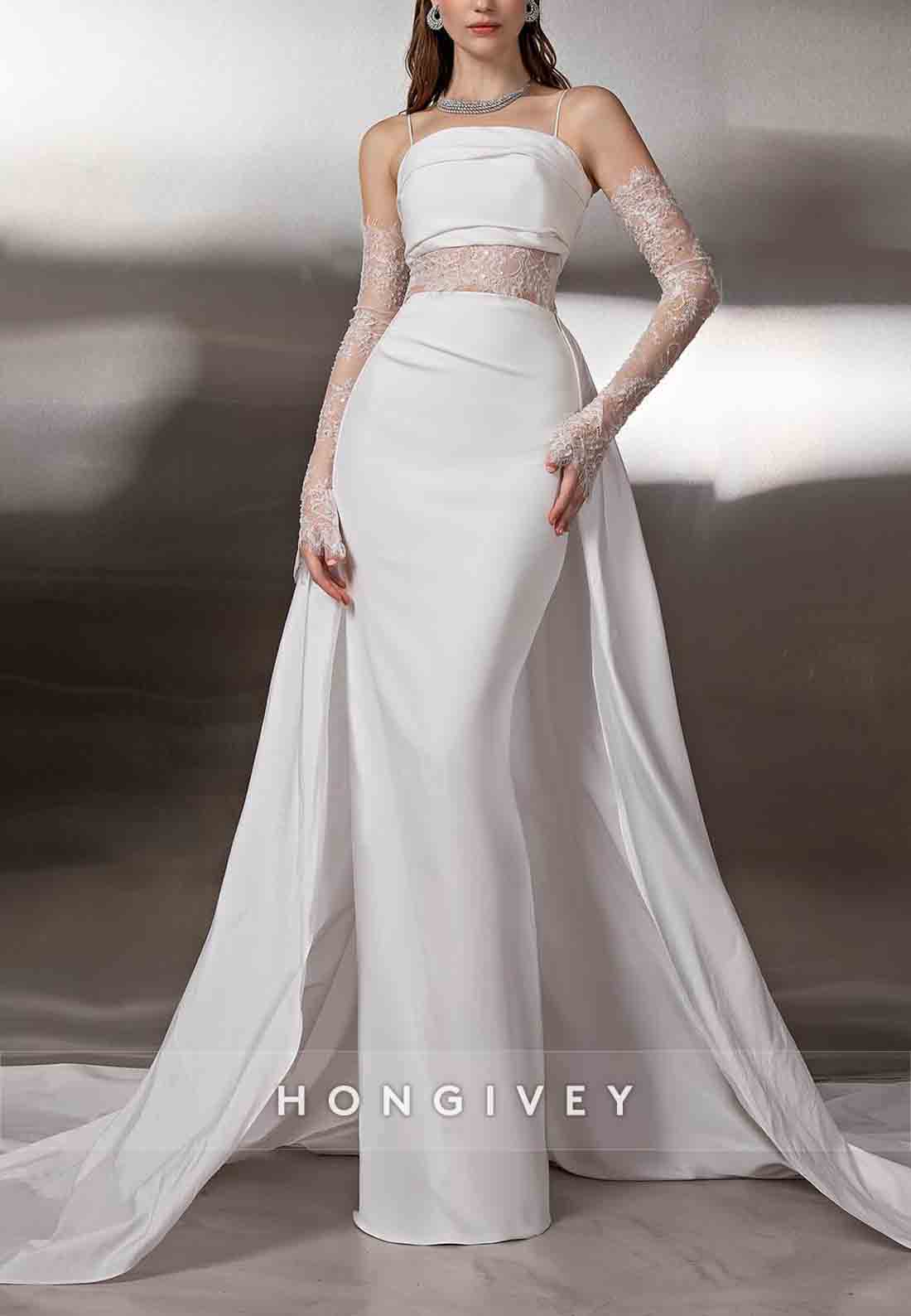 Sheath Lace Spaghetti Straps Satin Floor-Length Wedding Dresses