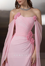 Pink Off the Shoulder Floor-Length Trumpet Evening Gowns with Flowers