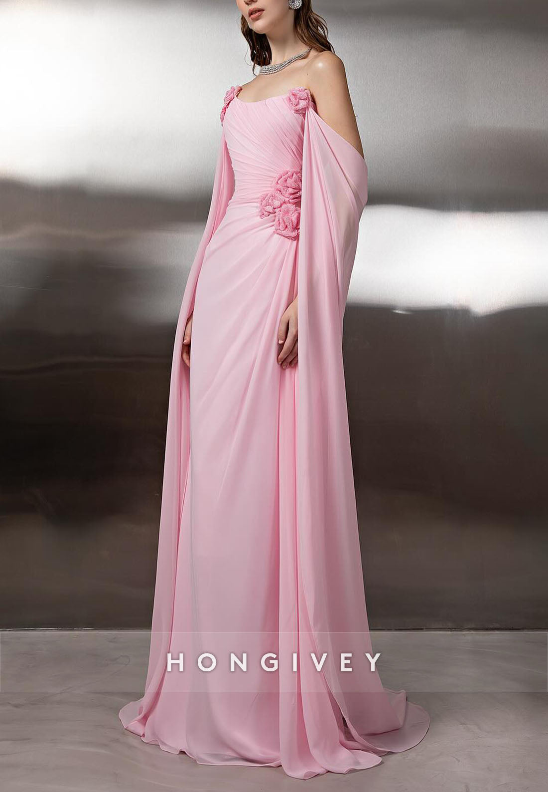 Pink Off the Shoulder Floor-Length Trumpet Evening Gowns with Flowers