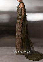 Olive Lace Halter Neck Long Sleeves Floor-Length Sheath Evening Gowns