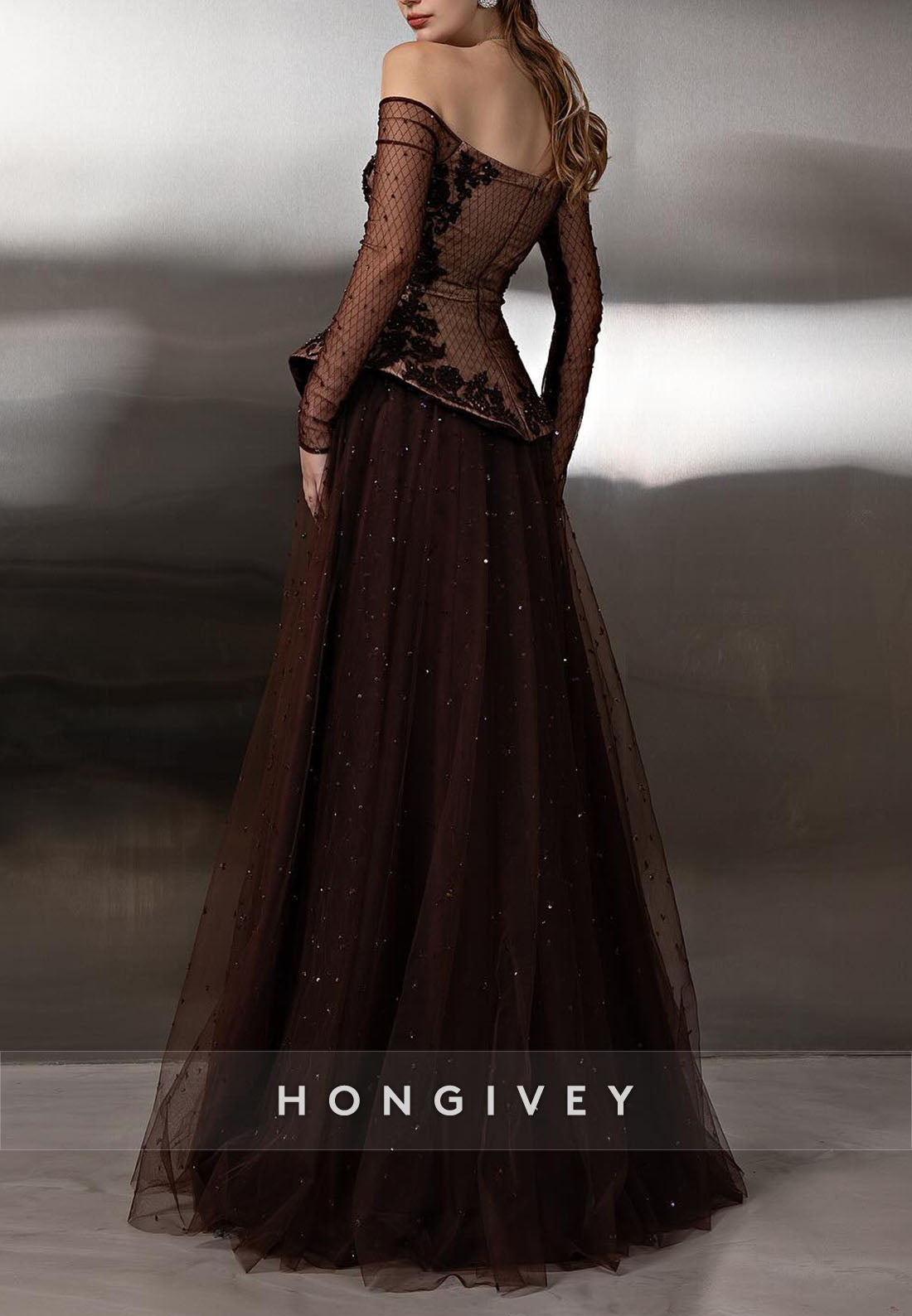 Brown Off the Shoulder Long Sleeves A-Line Evening Gowns with Appliques