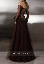Brown Off the Shoulder Long Sleeves A-Line Evening Gowns with Appliques