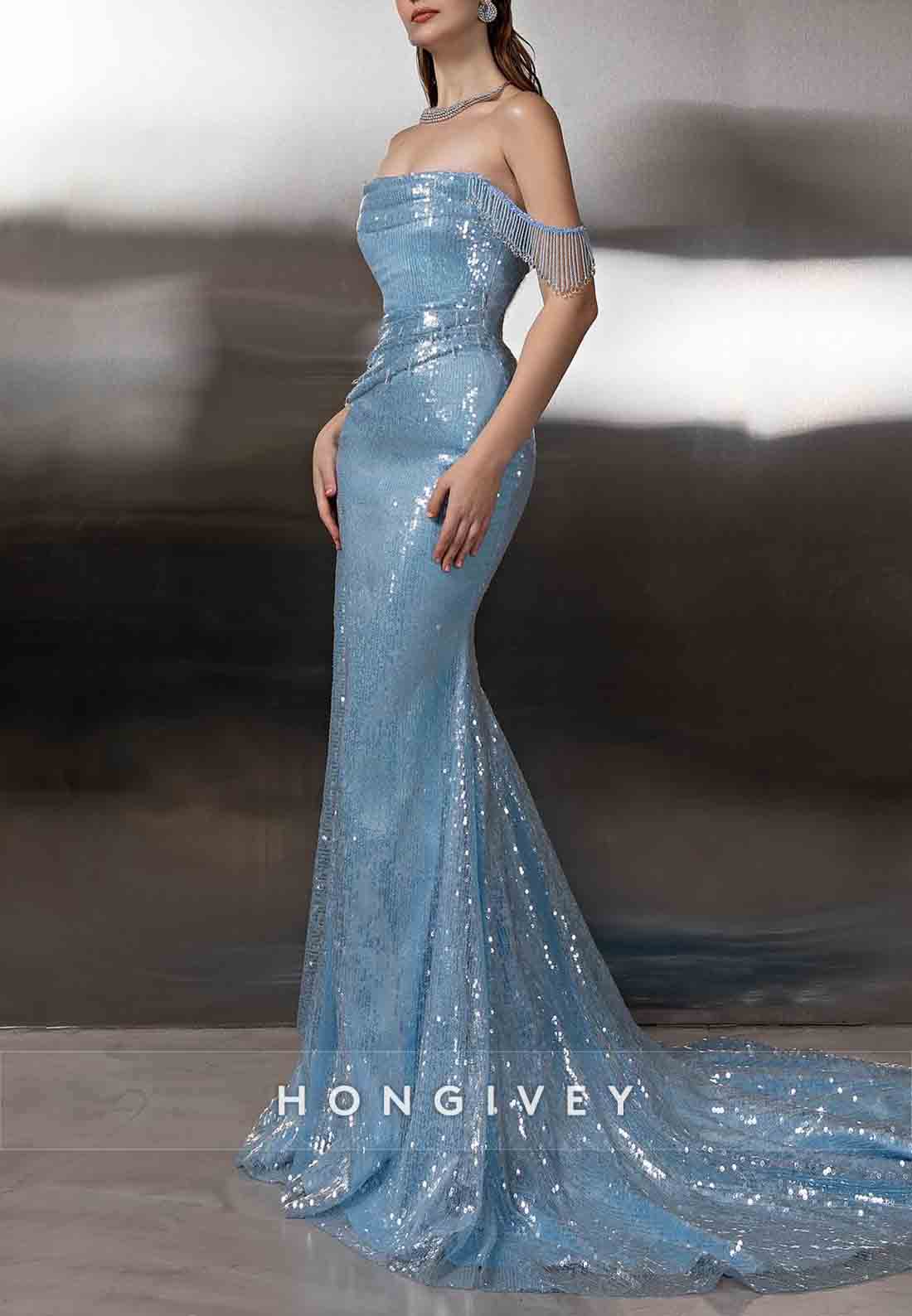 Elegant Sky Blue Side Draping Off the Shoulder Floor-Length Mermaid Glitter Evening Gowns