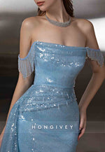 Elegant Sky Blue Side Draping Off the Shoulder Floor-Length Mermaid Glitter Evening Gowns
