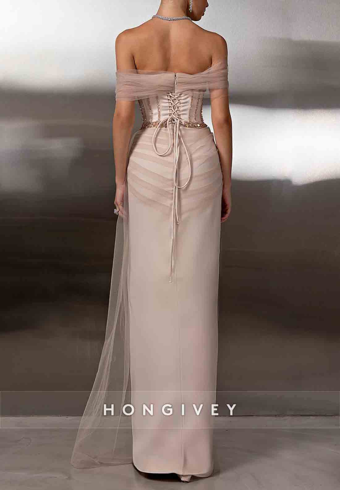 Tulle Off the Shoulder Tie Back Floor-Length Sheath Evening Gown