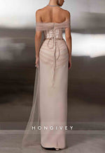 Tulle Off the Shoulder Tie Back Floor-Length Sheath Evening Gown