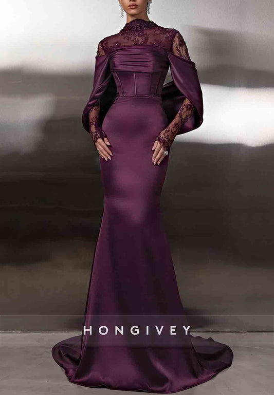 Lace Long Sleeves Mermaid Shawl Elastic Satin Raspberry High Neck Evening Gown