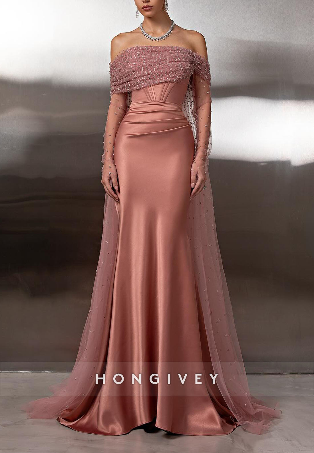 Satin Off the Shoulder Long Sleeves Floor-Length Mermaid Evening Gowns